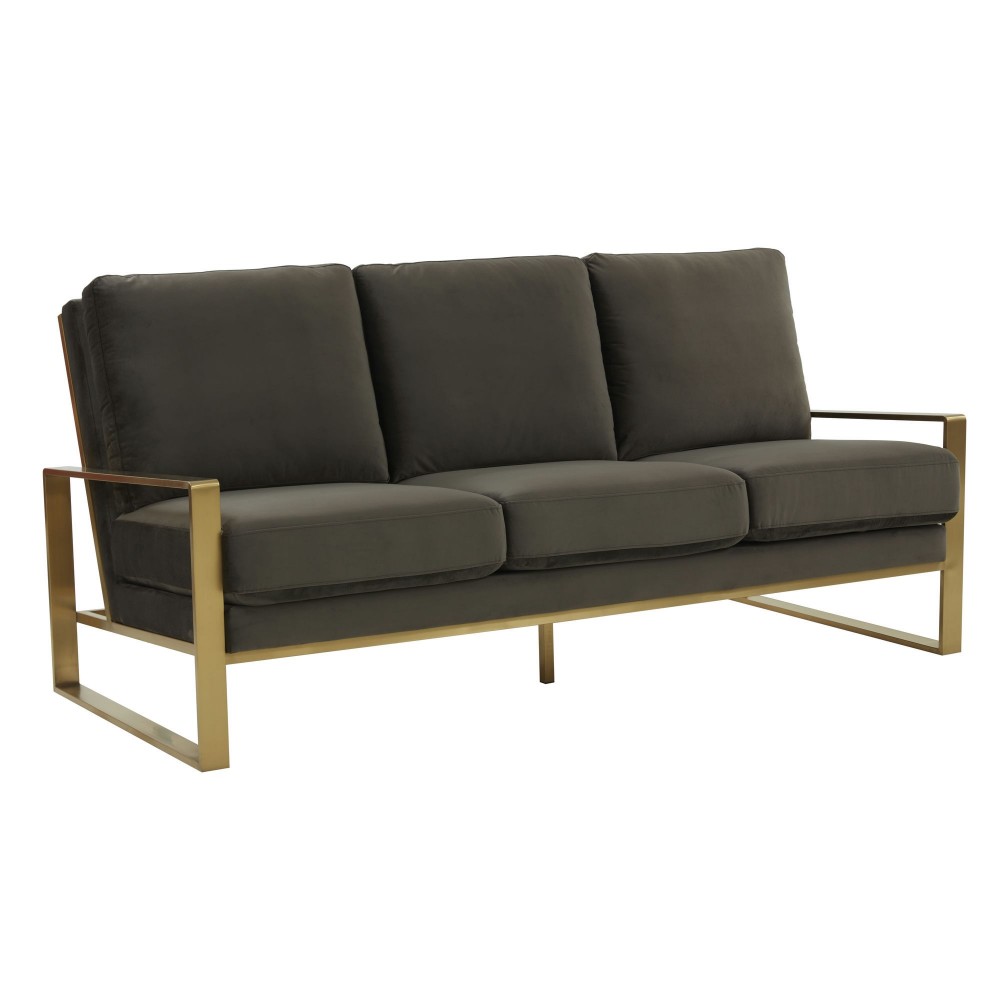 LeisureMod Jefferson Contemporary Modern Velvet Sofa With Gold Frame, Dark Grey