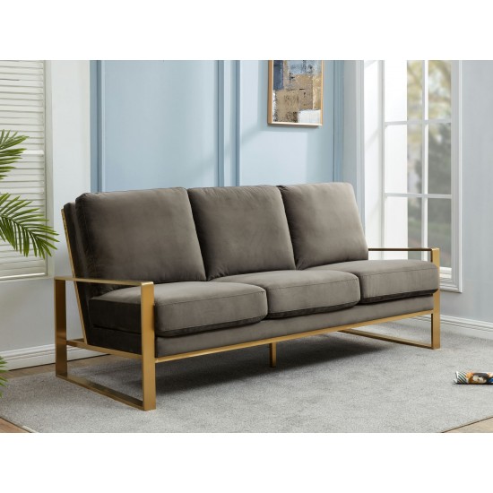 LeisureMod Jefferson Contemporary Modern Velvet Sofa With Gold Frame, Dark Grey