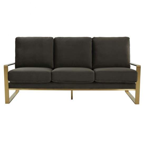 LeisureMod Jefferson Contemporary Modern Velvet Sofa With Gold Frame, Dark Grey