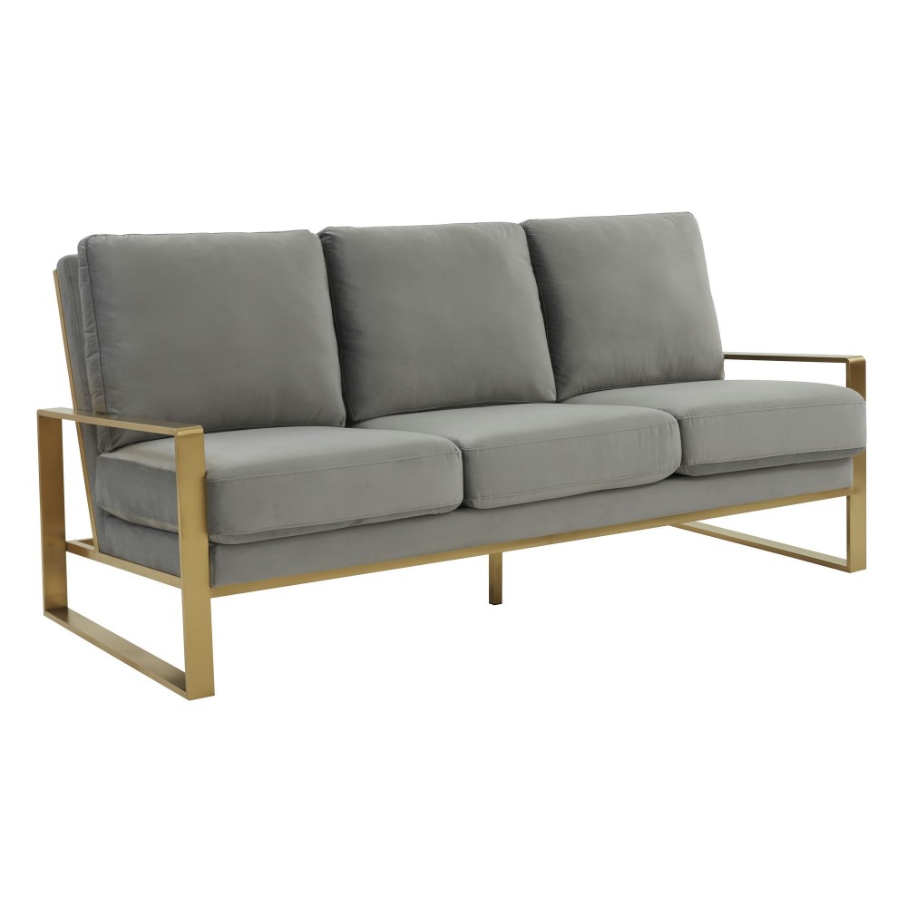 LeisureMod Jefferson Contemporary Modern Velvet Sofa With Gold Frame, Light Grey