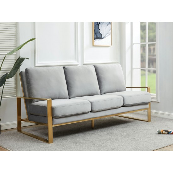 LeisureMod Jefferson Contemporary Modern Velvet Sofa With Gold Frame, Light Grey