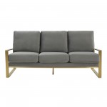 LeisureMod Jefferson Contemporary Modern Velvet Sofa With Gold Frame, Light Grey