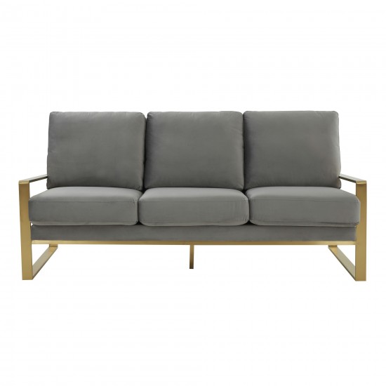 LeisureMod Jefferson Contemporary Modern Velvet Sofa With Gold Frame, Light Grey