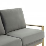 LeisureMod Jefferson Contemporary Modern Velvet Sofa With Gold Frame, Light Grey