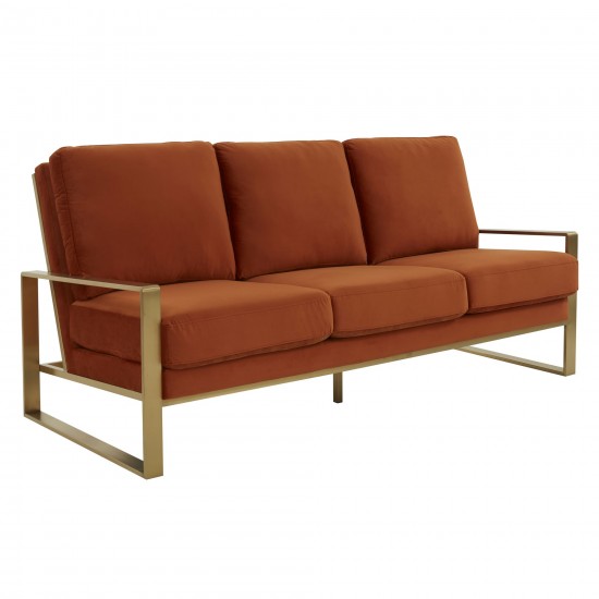 LeisureMod Jefferson Contemporary Modern Velvet Sofa With Gold Frame, Orange