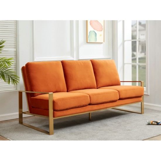 LeisureMod Jefferson Contemporary Modern Velvet Sofa With Gold Frame, Orange