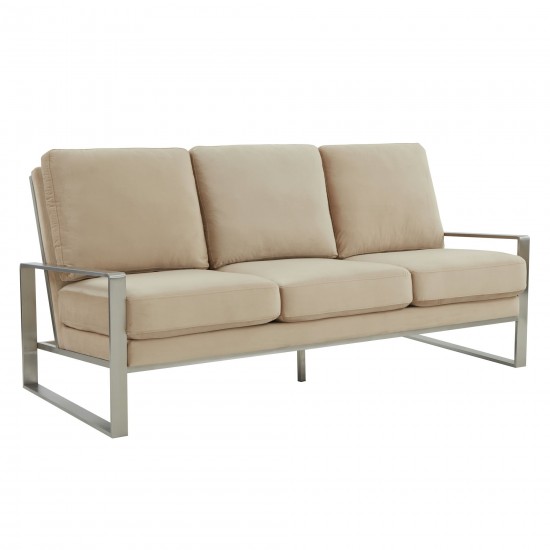 LeisureMod Jefferson Contemporary Modern Velvet Sofa With Silver Frame, Beige