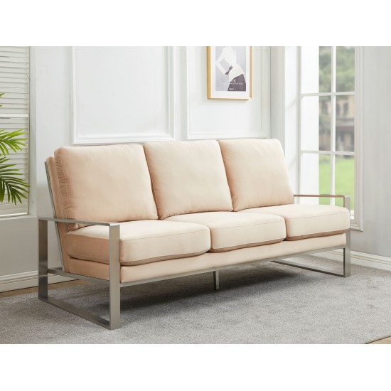 LeisureMod Jefferson Contemporary Modern Velvet Sofa With Silver Frame, Beige