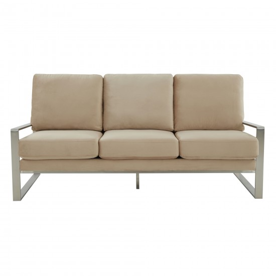 LeisureMod Jefferson Contemporary Modern Velvet Sofa With Silver Frame, Beige