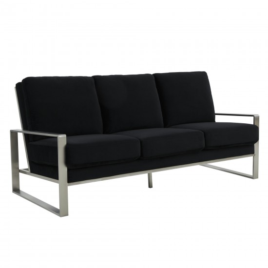 LeisureMod Jefferson Contemporary Modern Velvet Sofa With Silver Frame, Black