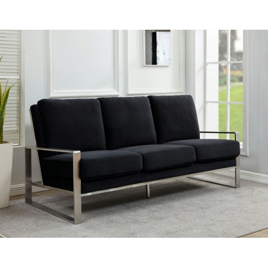 LeisureMod Jefferson Contemporary Modern Velvet Sofa With Silver Frame, Black