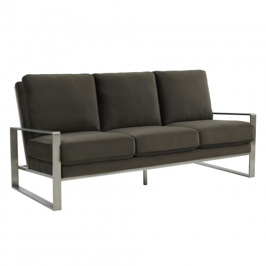 LeisureMod Jefferson Contemporary Velvet Sofa With Silver Frame, Dark Grey