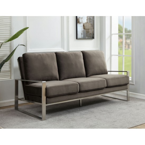 LeisureMod Jefferson Contemporary Velvet Sofa With Silver Frame, Dark Grey