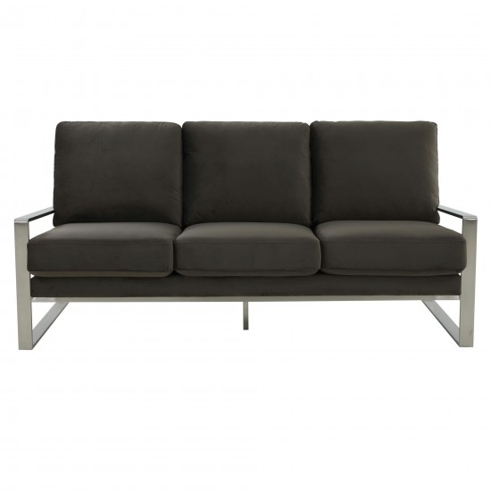 LeisureMod Jefferson Contemporary Velvet Sofa With Silver Frame, Dark Grey