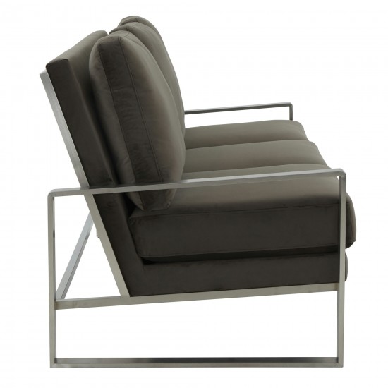 LeisureMod Jefferson Contemporary Velvet Sofa With Silver Frame, Dark Grey
