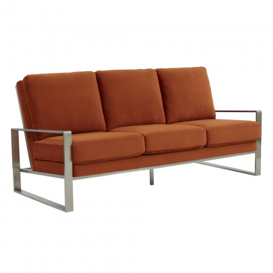 LeisureMod Jefferson Contemporary Modern Velvet Sofa With Silver Frame, Orange