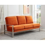 LeisureMod Jefferson Contemporary Modern Velvet Sofa With Silver Frame, Orange