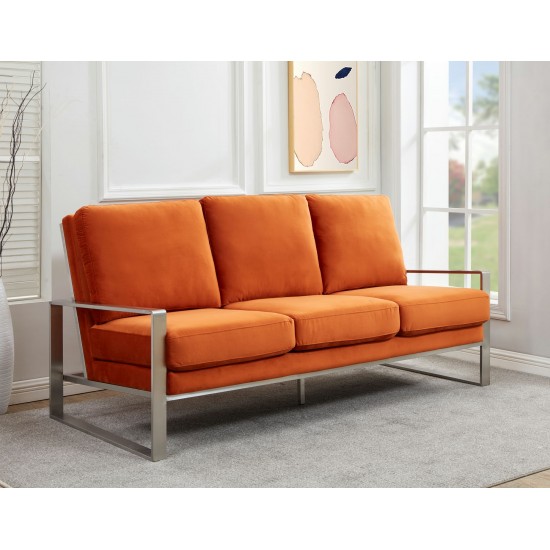 LeisureMod Jefferson Contemporary Modern Velvet Sofa With Silver Frame, Orange