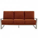 LeisureMod Jefferson Contemporary Modern Velvet Sofa With Silver Frame, Orange