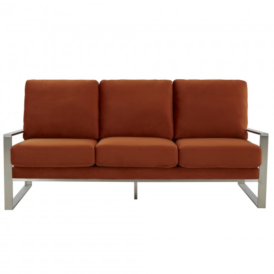 LeisureMod Jefferson Contemporary Modern Velvet Sofa With Silver Frame, Orange