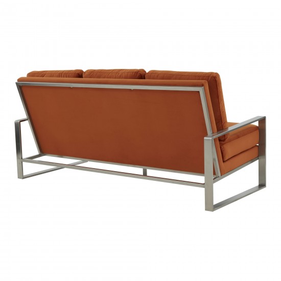 LeisureMod Jefferson Contemporary Modern Velvet Sofa With Silver Frame, Orange