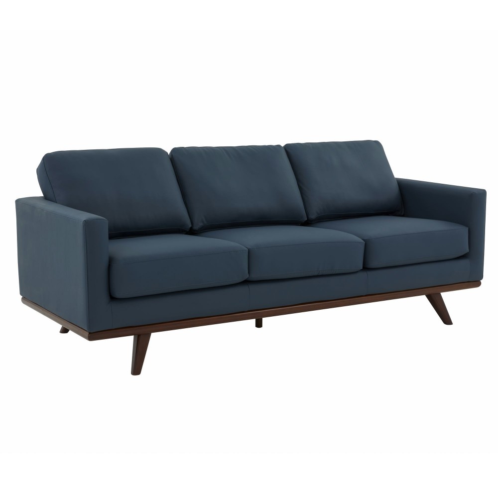 LeisureMod Chester Modern Leather Sofa With Birch Wood Base, Navy Blue