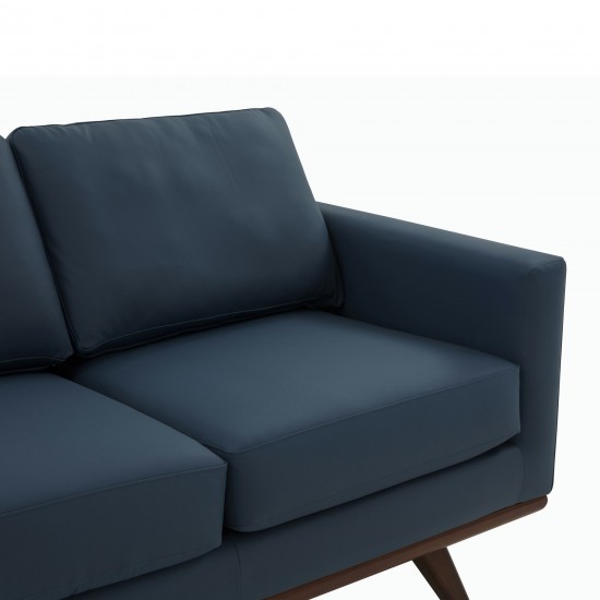 LeisureMod Chester Modern Leather Sofa With Birch Wood Base, Navy Blue