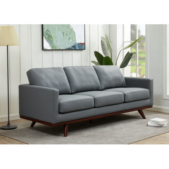 LeisureMod Chester Modern Leather Sofa With Birch Wood Base, Grey