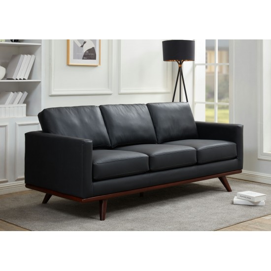 LeisureMod Chester Modern Leather Sofa With Birch Wood Base, Black