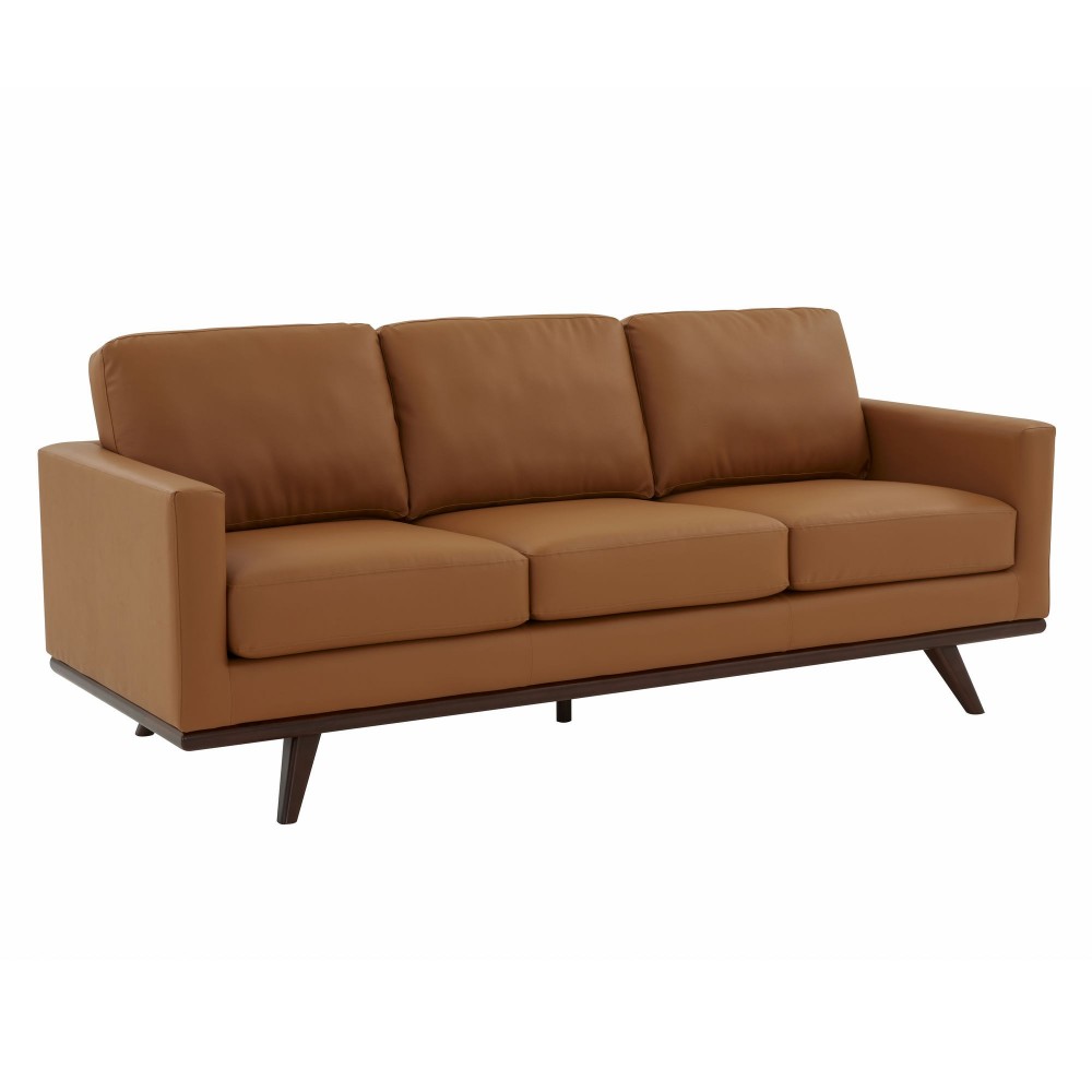 LeisureMod Chester Modern Leather Sofa With Birch Wood Base, Cognac Tan