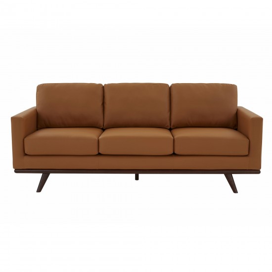 LeisureMod Chester Modern Leather Sofa With Birch Wood Base, Cognac Tan