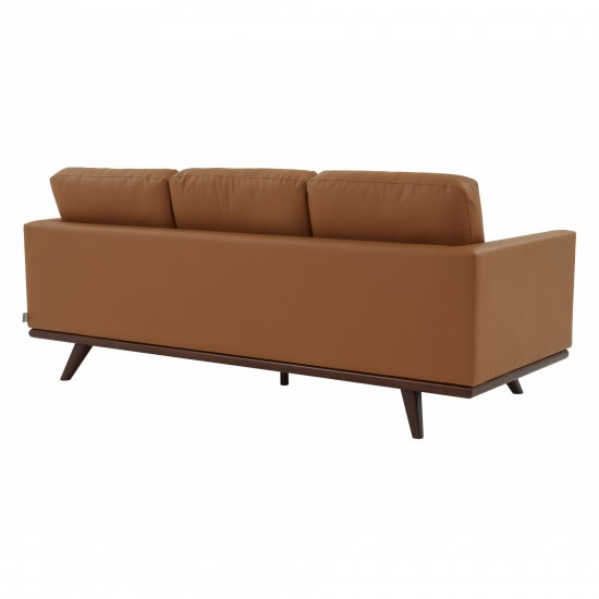 LeisureMod Chester Modern Leather Sofa With Birch Wood Base, Cognac Tan