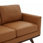 LeisureMod Chester Modern Leather Sofa With Birch Wood Base, Cognac Tan