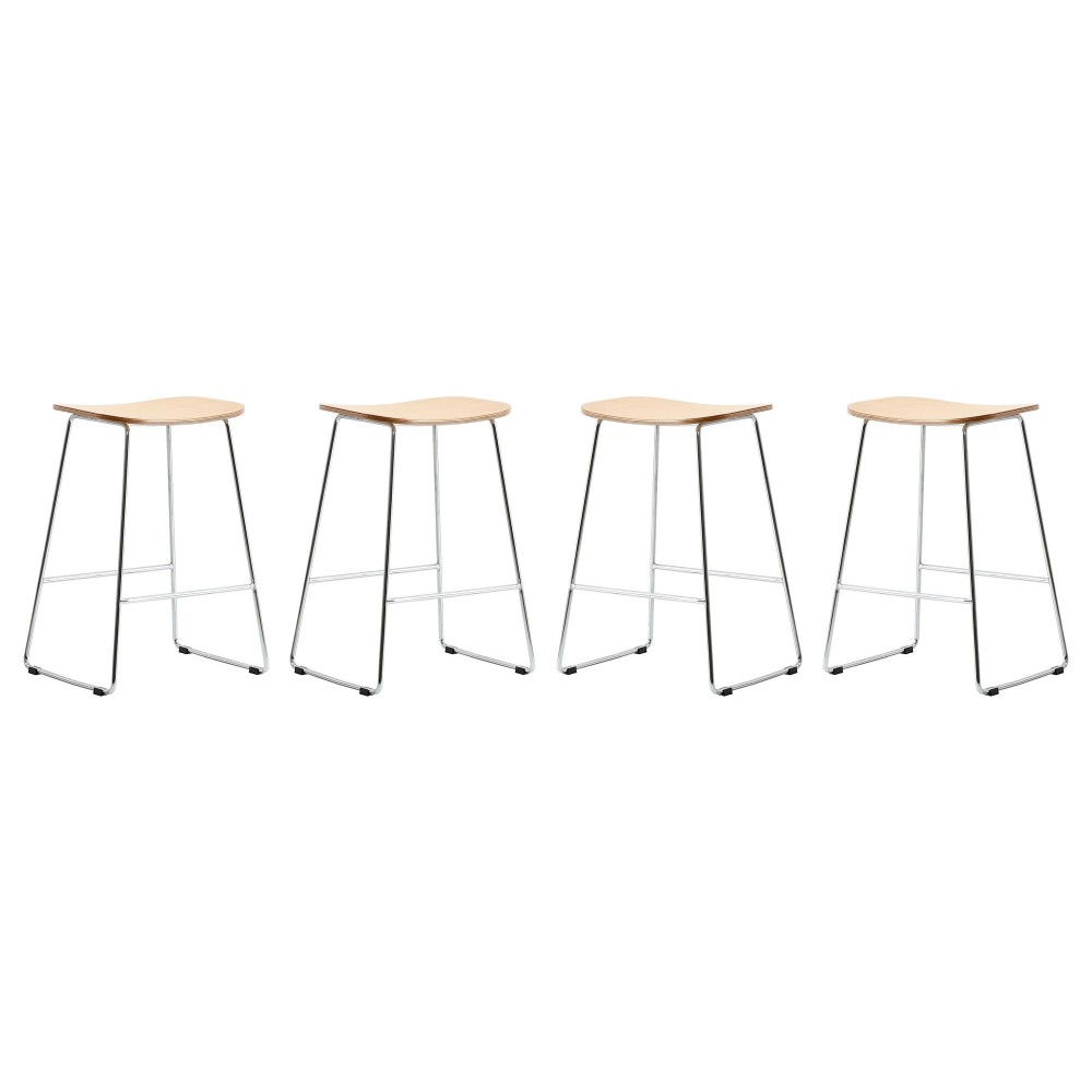 LeisureMod Melrose Modern Wood Counter Stool Set With Chrome Frame, Natural