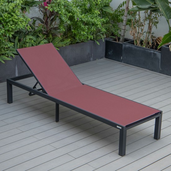 LeisureMod Marlin Patio Chaise Lounge Chair With Black Aluminum Frame, Burgundy