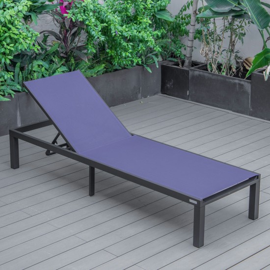 LeisureMod Marlin Patio Chaise Lounge Chair With Black Aluminum Frame, Navy Blue