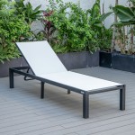 LeisureMod Marlin Patio Chaise Lounge Chair With Black Aluminum Frame, White