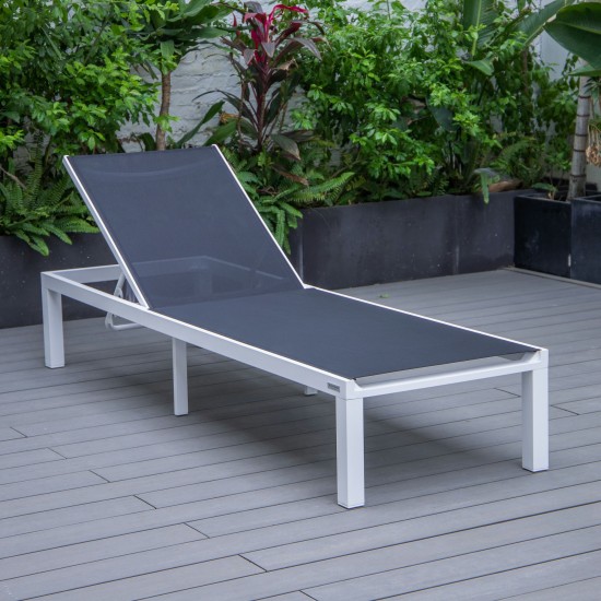 LeisureMod Marlin Patio Chaise Lounge Chair With White Aluminum Frame, Black