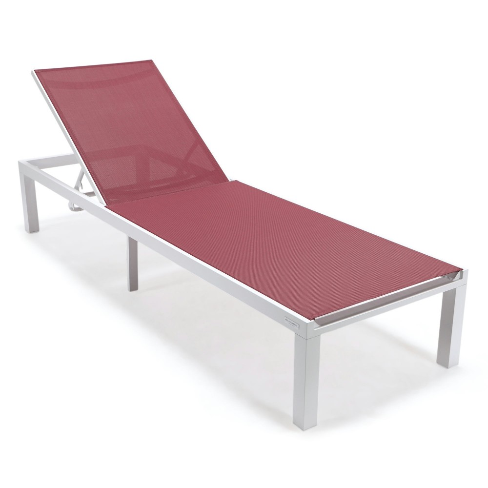 LeisureMod Marlin Patio Chaise Lounge Chair With White Aluminum Frame, Burgundy