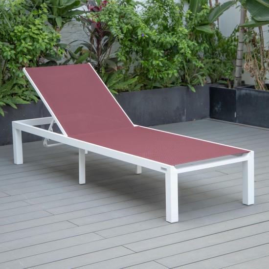 LeisureMod Marlin Patio Chaise Lounge Chair With White Aluminum Frame, Burgundy