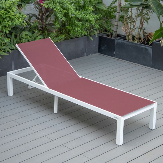 LeisureMod Marlin Patio Chaise Lounge Chair With White Aluminum Frame, Burgundy