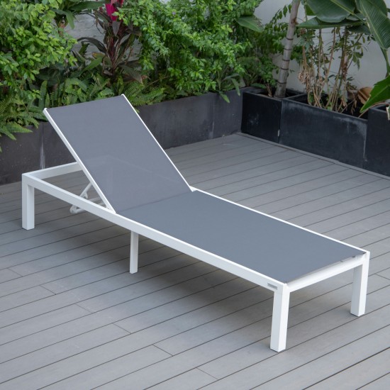 LeisureMod Marlin Patio Chaise Lounge Chair With White Aluminum Frame, Dark Grey