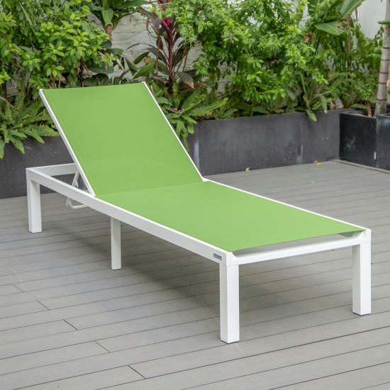 LeisureMod Marlin Patio Chaise Lounge Chair With White Aluminum Frame, Green