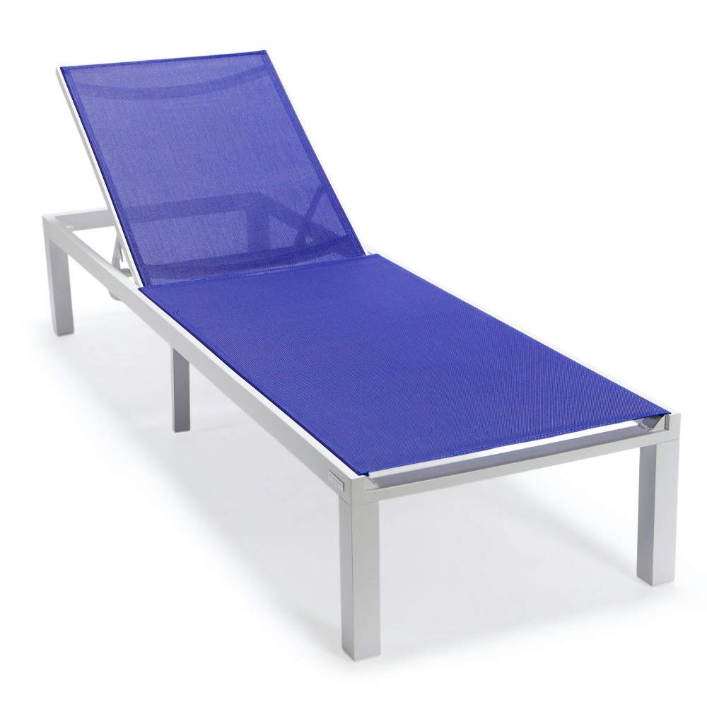 LeisureMod Marlin Patio Chaise Lounge Chair With White Aluminum Frame, Navy Blue