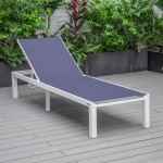 LeisureMod Marlin Patio Chaise Lounge Chair With White Aluminum Frame, Navy Blue