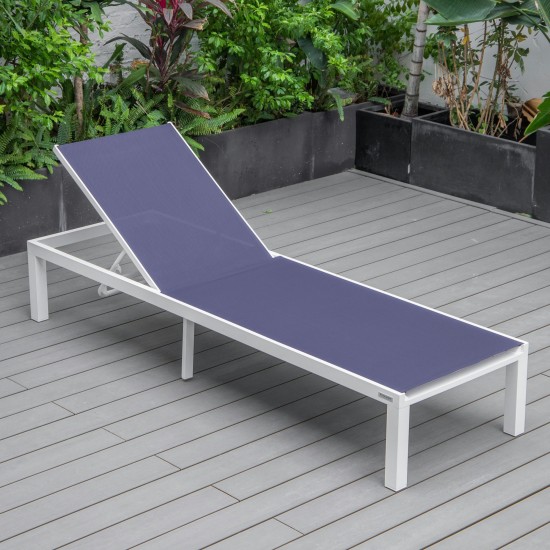 LeisureMod Marlin Patio Chaise Lounge Chair With White Aluminum Frame, Navy Blue