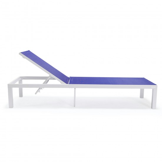 LeisureMod Marlin Patio Chaise Lounge Chair With White Aluminum Frame, Navy Blue