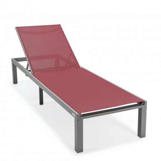 LeisureMod Marlin Patio Chaise Lounge Chair With Grey Aluminum Frame, Burgundy