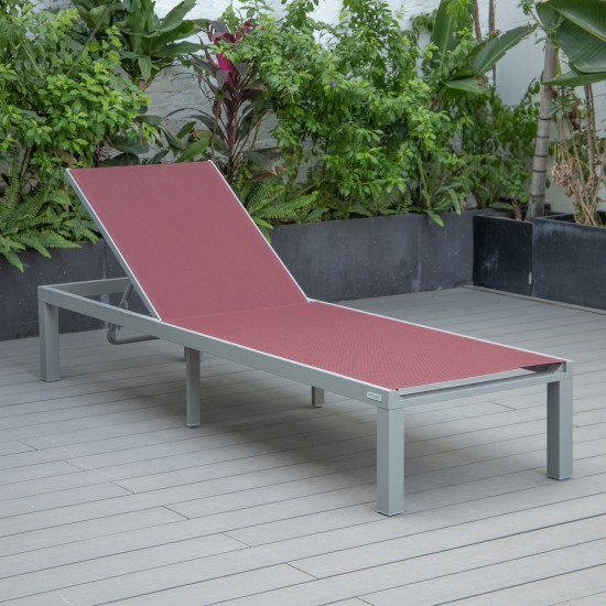 LeisureMod Marlin Patio Chaise Lounge Chair With Grey Aluminum Frame, Burgundy
