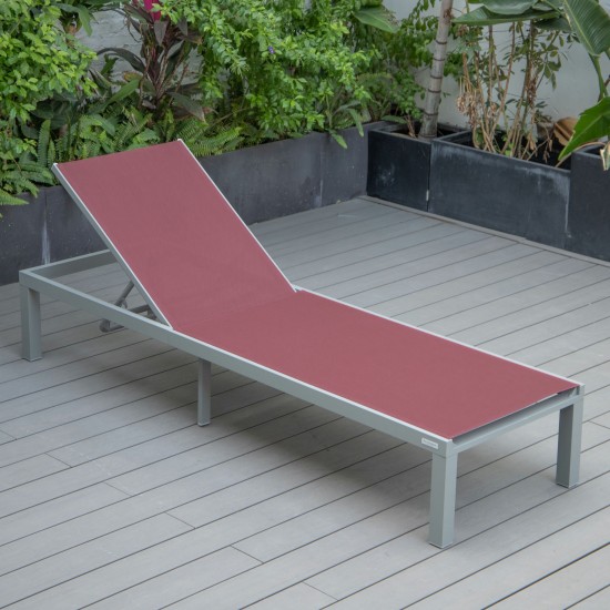 LeisureMod Marlin Patio Chaise Lounge Chair With Grey Aluminum Frame, Burgundy